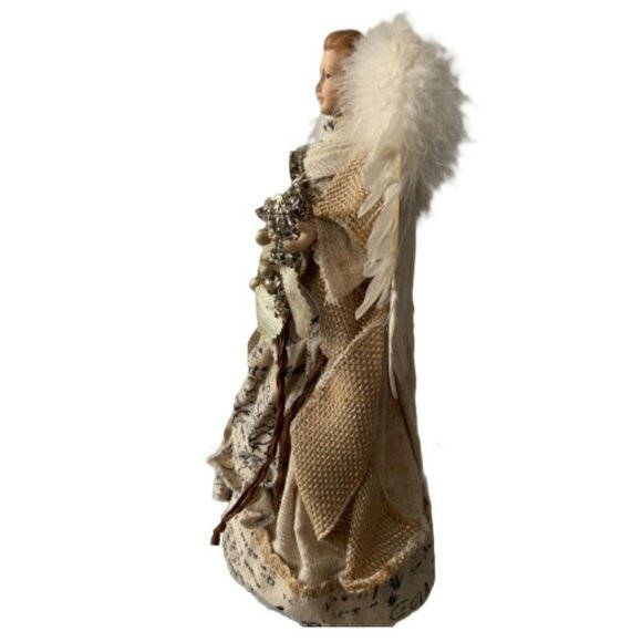 Vintage Angel Tree Topper Figurine Porcelain Head Hands Feather Wings Beige 14" - Picture 6 of 9